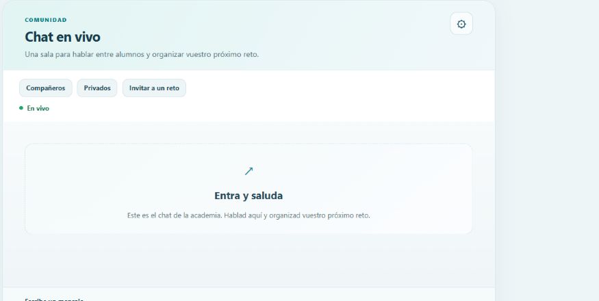 Chat en vivo de la academia con acceso a compañeros, mensajes privados y retos